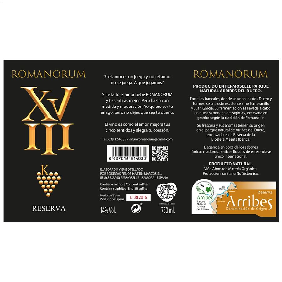 Romanorum - Vino tinto reserva D.O. Arribes 75cl, 3uds