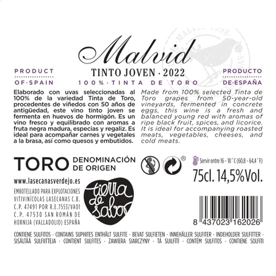 Malvid - Vino tinto joven D.O. Toro 75cl, 3uds