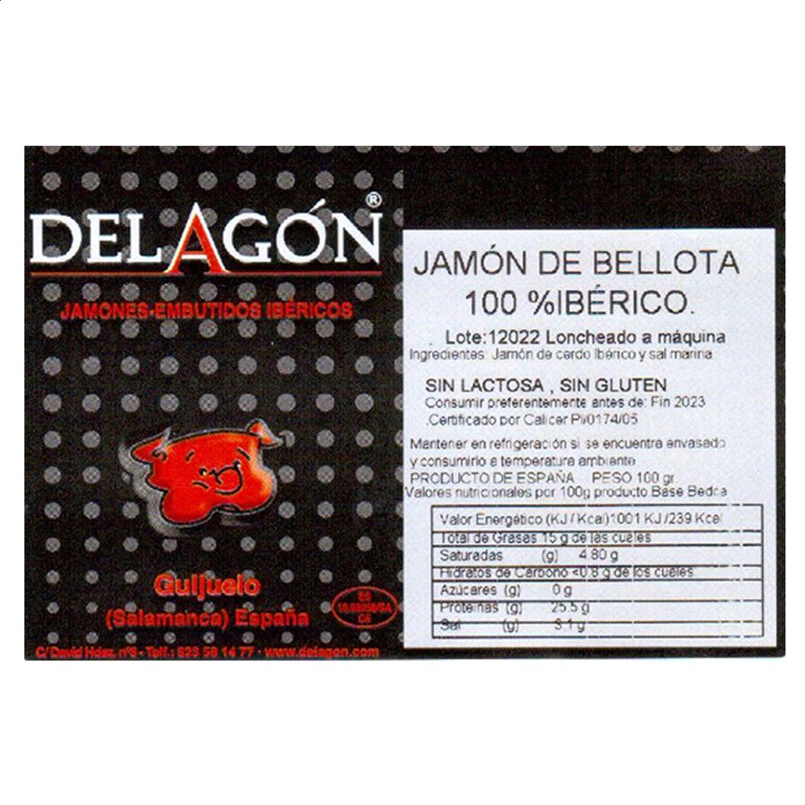 Delagón - Jamón de Bellota 100% Ibérico cortado a máquina 100g, 20uds