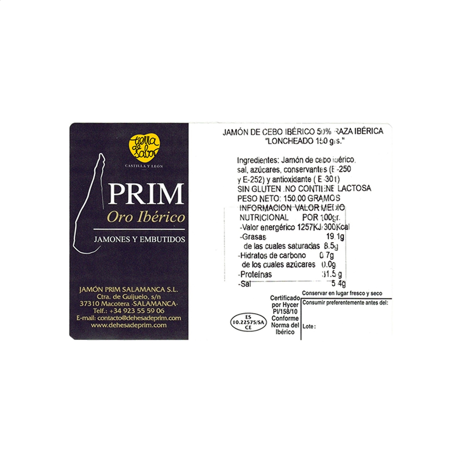 Prim Oro Ibérico - Jamón de Cebo Ibérico 50% Raza Ibérica loncheado 150g aprox, 5uds