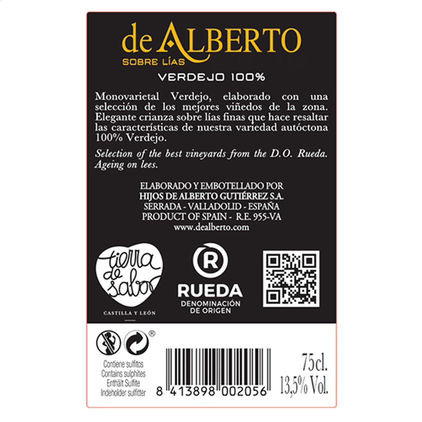 Bodegas De Alberto - Vino blanco Verdejo Sobre Lías D.O. Rueda 75cl, 6uds